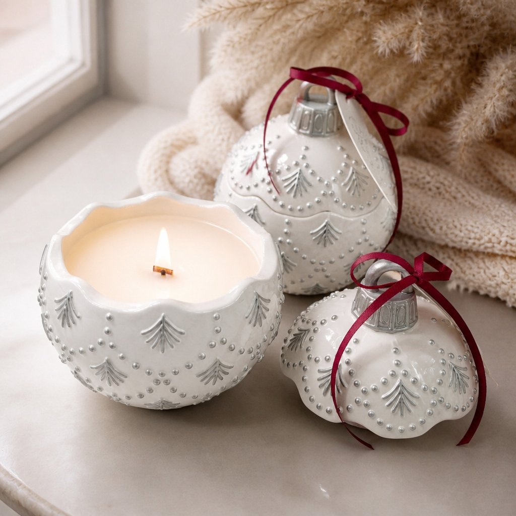 Sviečka Christmas Bauble Enchanted - Biela / Strieborná / Zimné Kúzlo