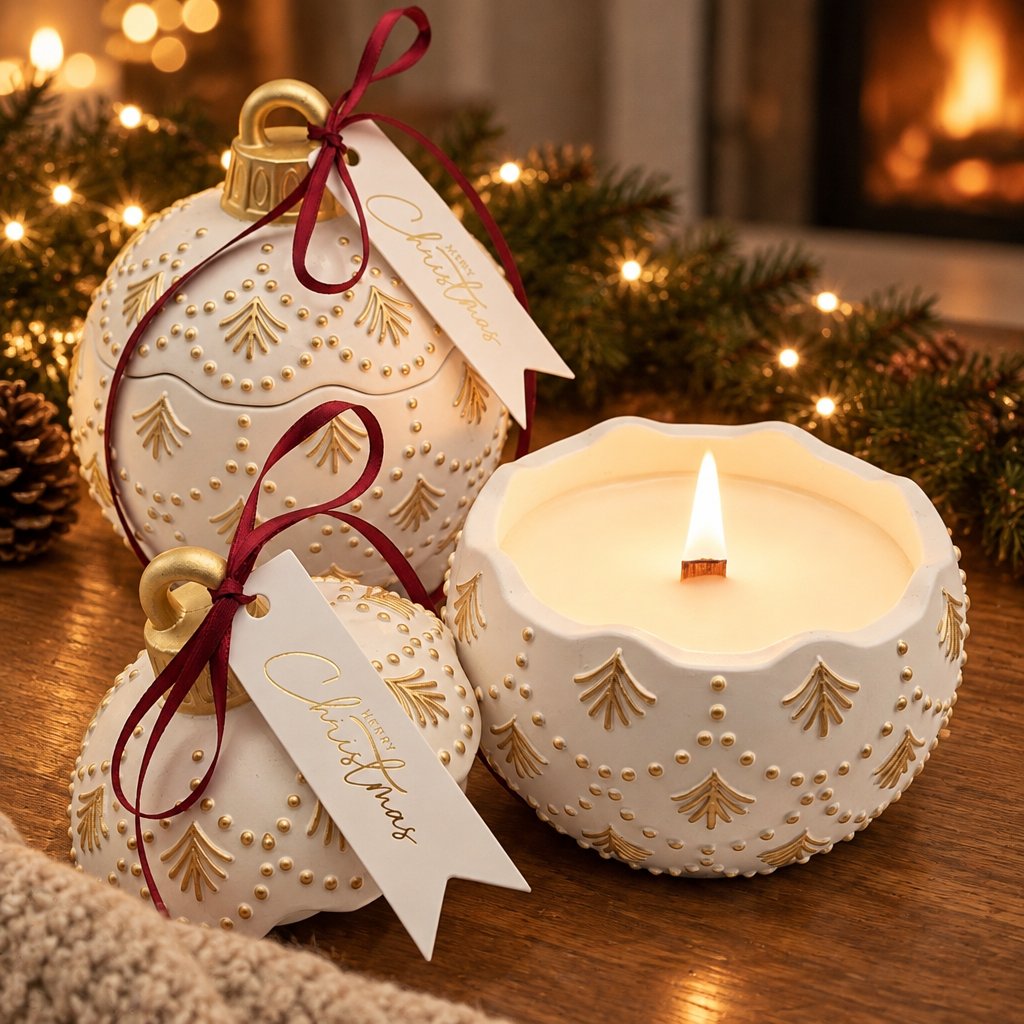 Sviečka Christmas Bauble Enchanted - Biela / Zlatá / Zimné Kúzlo